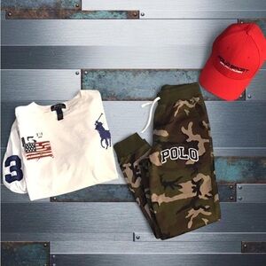 Polo Ralph Lauren Kids Bundle Sweatpants Big Pony Flag Shirt and Red Cap